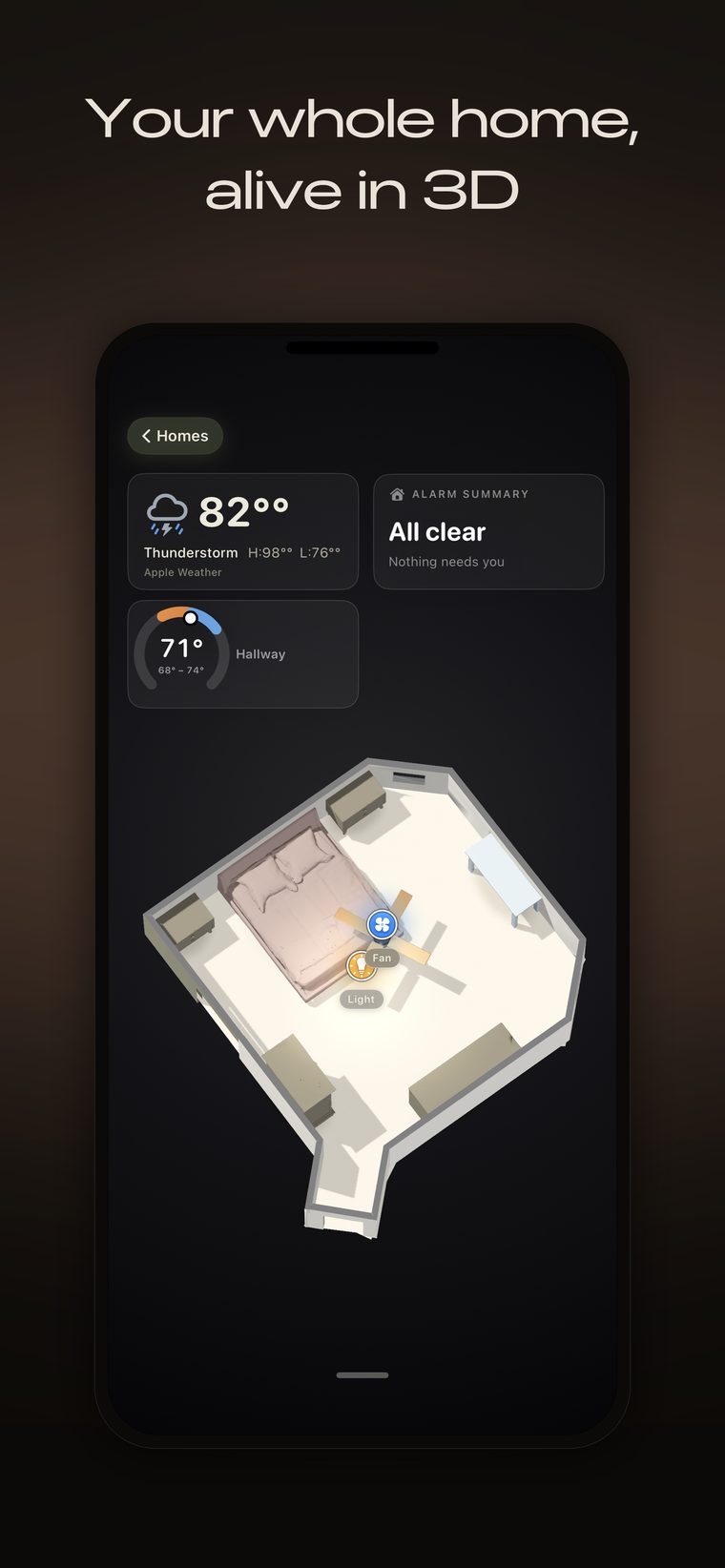 A bedroom captured in 3D on iPhone, shown from above with the bed, ceiling fan and windows in place. Caption: your whole home, alive in 3D.