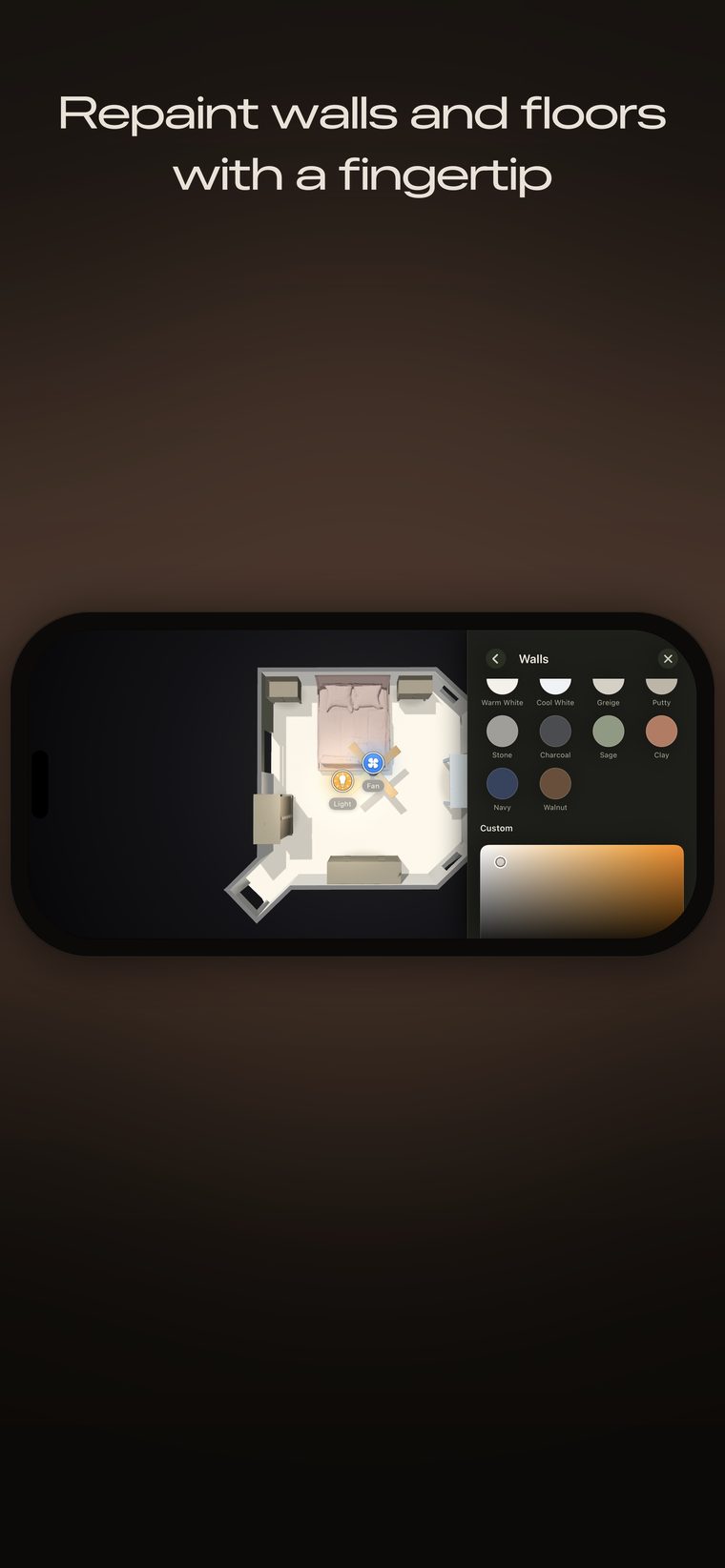 A colour palette open beside the room while a wall colour is being chosen by tapping it. Caption: repaint walls and floors with a fingertip.