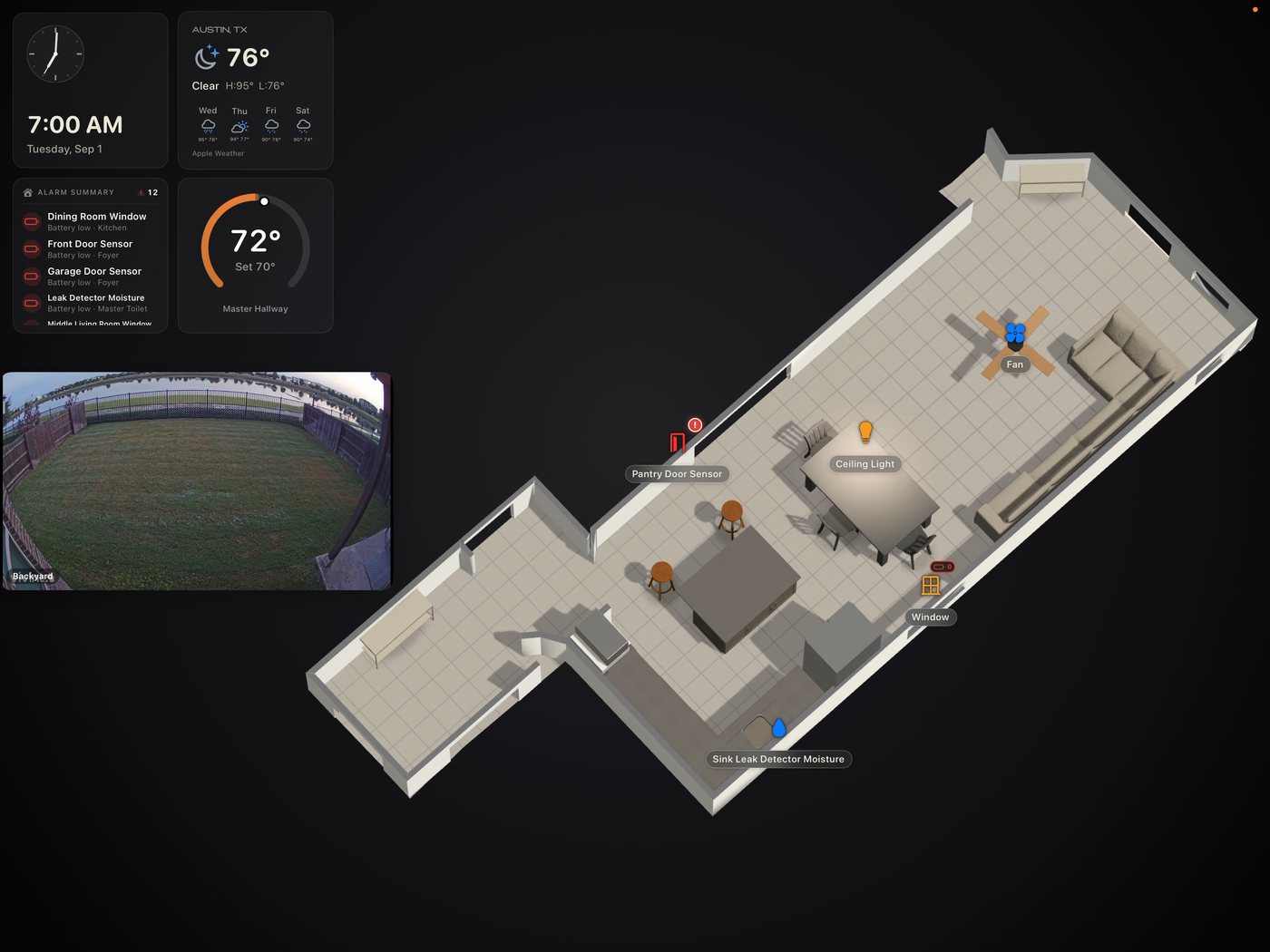 A wall display running SimpleHaven: a clock, Austin weather, an alarm summary, a thermostat, a live backyard camera, and a 3D floor plan of the home.